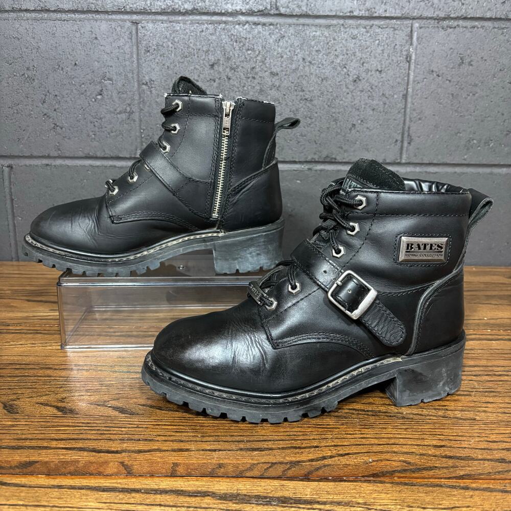 Bates Black Leather Biker Motorcycle Boots Lug Sole Buckle Zip Moto Women’s 9